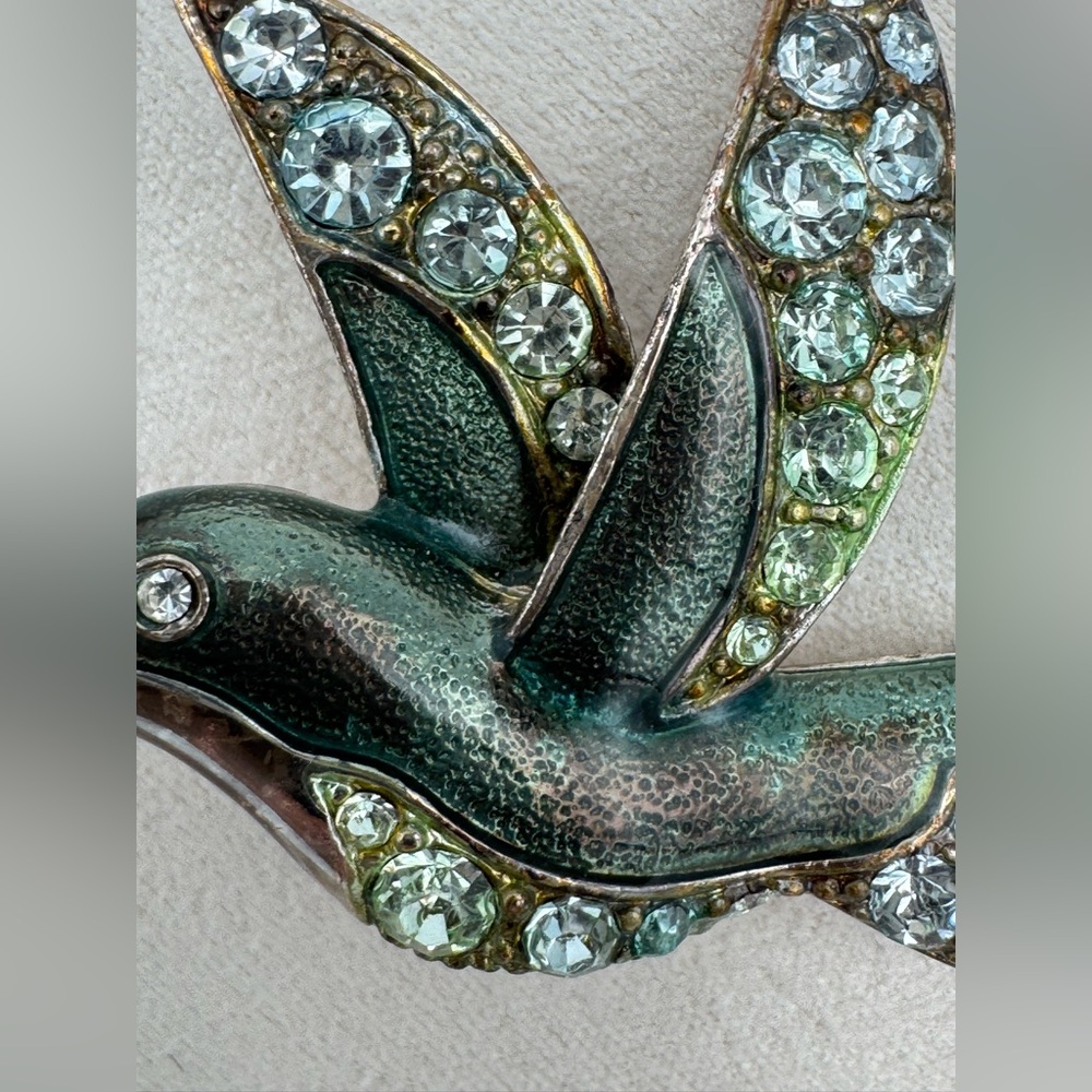 VTG Liz Claiborne LC Hummingbird Brooch Green Enamel Rhinestone Bird Pin Signed - Picture 3 of 8
